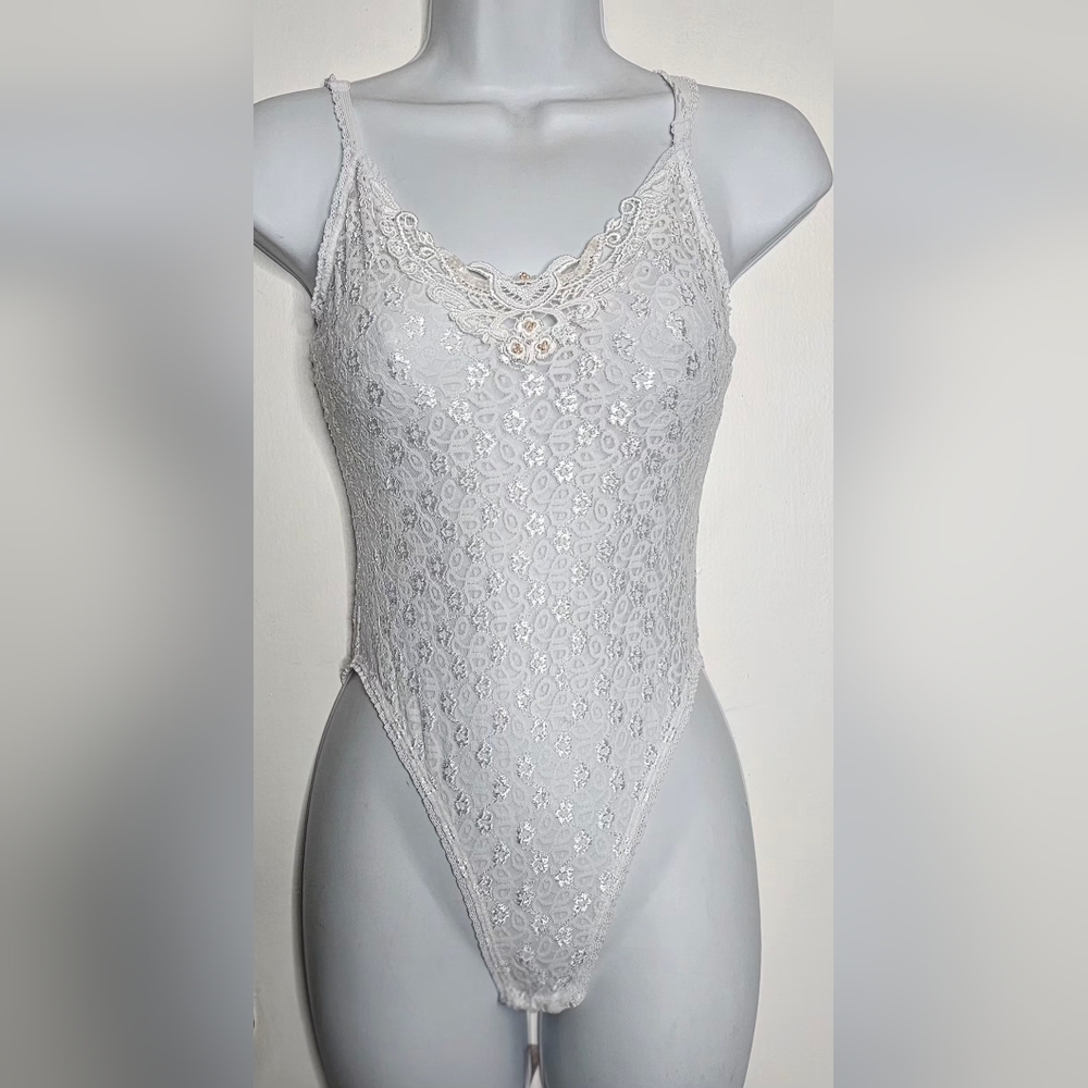 Vintage White Lace Bodysuit Teddy Lingerie Floral Sheer Beaded Y2K